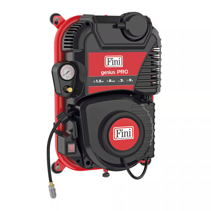 FINI GENIUS PRO Compressore coassiale oilless con arrotolatore e serbatoio da 2 litri per hobbisti e professionisti